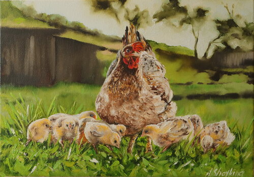 Mother Hen & Baby Chicks di Nataliia Shaikina, Pittura in vendita su Singulart
