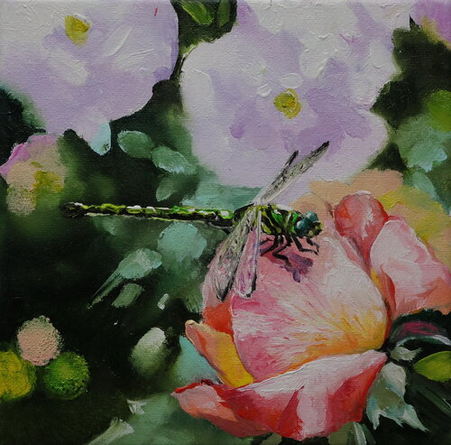 Dragonfly in a pink flowers van Nataliia Shaikina, Schilderij te koop op Singulart