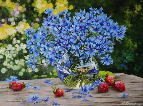 Cornflowers and Strawberries, Blue Flowers in glass vase. by Nataliia Shaikina, Painting for Sale on Singulart