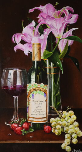 Wine Bottle from Napa valley Realistic Stargazer Lily Art von Nataliia Shaikina, Malerei kaufen auf Singulart