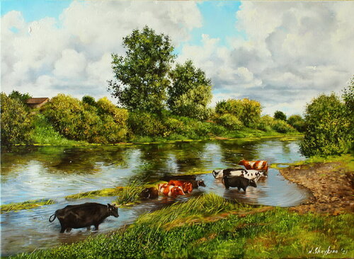 Cows at Watering Place von Nataliia Shaikina, Malerei kaufen auf Singulart