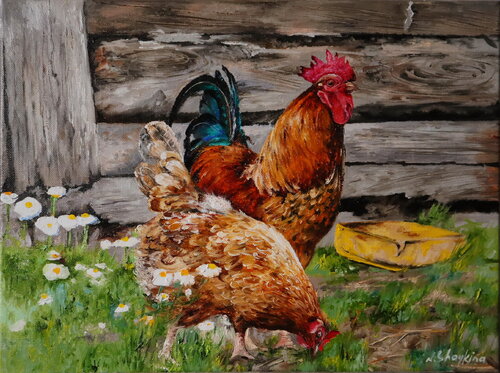 Rooster and Hens, Barnyard Scene de Nataliia Shaikina, Pintura a la venta en Singulart
