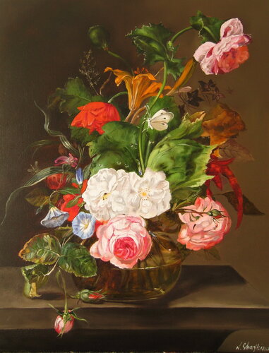 Bouquet of flowers in a glass vase. Dutch Still Life de Nataliia Shaikina, Pintura a la venta en Singulart