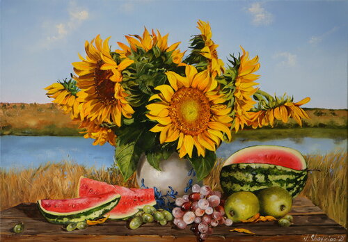 A bouquet of sunflowers in a blue and white vase von Nataliia Shaikina, Malerei kaufen auf Singulart