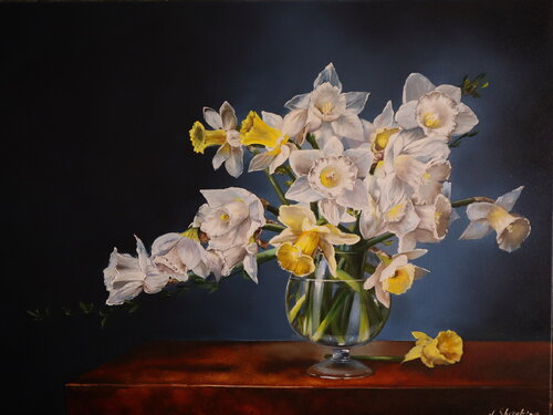 Daffodils, Delicate  Flowers Still Life van Nataliia Shaikina, Schilderij te koop op Singulart