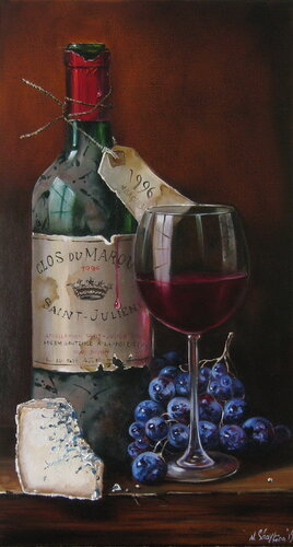 Bottle of Wine with Wine Glass von Nataliia Shaikina, Malerei kaufen auf Singulart