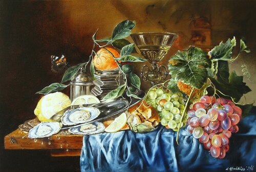 Still Life with Mandarin and Oysters van Nataliia Shaikina, Schilderij te koop op Singulart