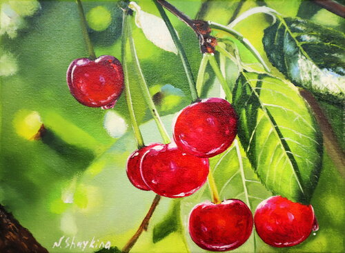 Red Cherries, Scene Nature. Original Oil Painting von Nataliia Shaikina, Malerei kaufen auf Singulart