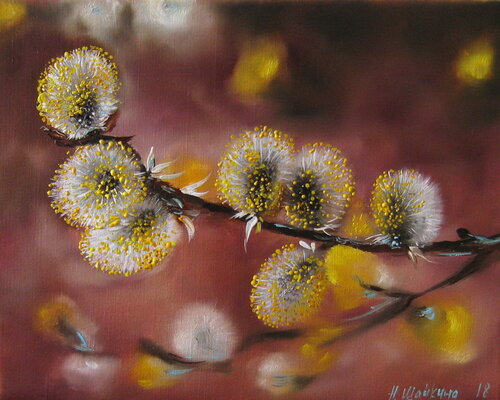 Spring again, Original Willow Catkins Oil Painting, Willow Branch Nature Original Small Art Canvas, Spring Scenery Wall Art Realistic Artwork Easter Decor von Nataliia Shaikina, Malerei kaufen auf Singulart