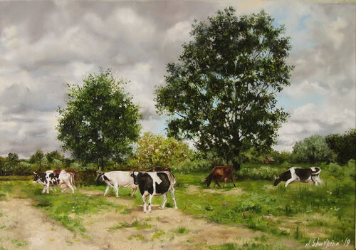 Cows, Pastoral Landscape von Nataliia Shaikina, Malerei kaufen auf Singulart