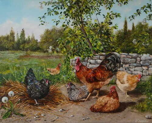Rustic serenity of country life, Original oil painting de Nataliia Shaikina, Pintura a la venta en Singulart