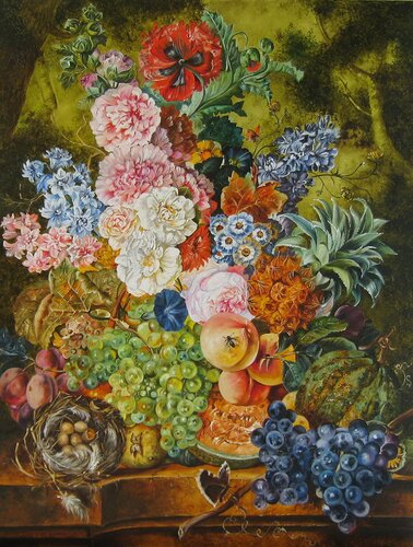 Botanical Still Life Painting, Large Floral Art on Canvas, Realistic Fruits & Flowers, Farmhouse Chic Wall Decor von Nataliia Shaikina, Malerei kaufen auf Singulart