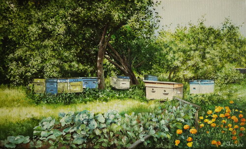 Summer Orchard with Beehives par Nataliia Shaikina, Peinture en vente sur Singulart