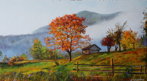 Autumn in the Carpathian mountains, Ukrainian rural landscape von Nataliia Shaikina, Malerei kaufen auf Singulart