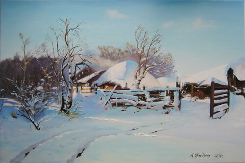 Winter calm. Scene of village life von Nataliia Shaikina, Malerei kaufen auf Singulart