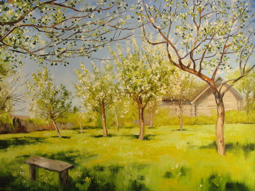 Blooming Apple Trees, Spring Garden Scene by Nataliia Shaikina, Painting for Sale on Singulart