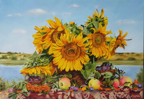 Sunflowers bouquet in a basket de Nataliia Shaikina, Pintura a la venta en Singulart