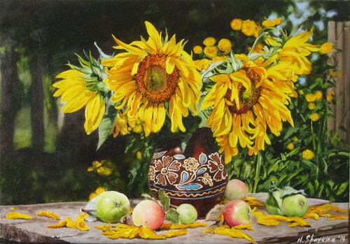 A bouquet of flowers in the Ukrainian ceramic jug. van Nataliia Shaikina, Schilderij te koop op Singulart