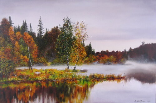 Autumn scenery with river and forest de Nataliia Shaikina, Pintura a la venta en Singulart