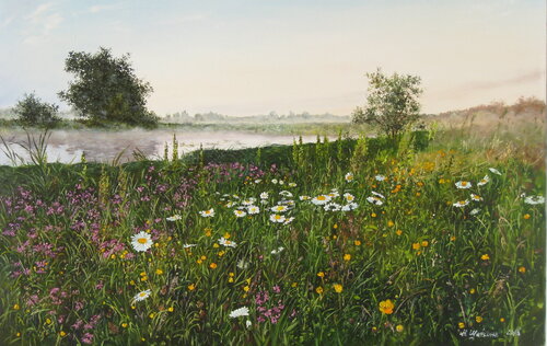 Beautiful Misty Morning at the River, Fields of flowers von Nataliia Shaikina, Malerei kaufen auf Singulart