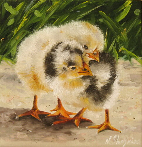 Two Chickens by Nataliia Shaikina, Painting for Sale on Singulart
