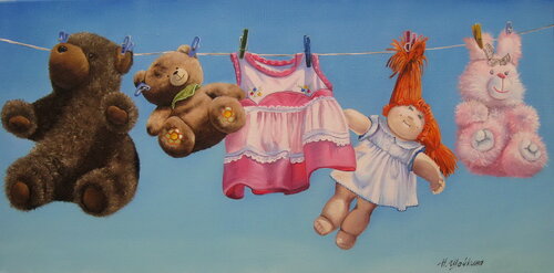 Adorable Nursery Wall Art: Serene Sky Painting with Teddy Bears and Pink Bunny di Nataliia Shaikina, Pittura in vendita su Singulart