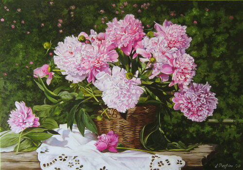 White and pink peonies in a basket, Peony Original Canvas Artwork, Realistic Flower de Nataliia Shaikina, Pintura a la venta en Singulart