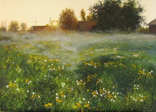 Serene Sunrise, Large Wildflower Meadow de Nataliia Shaikina, Pintura a la venta en Singulart