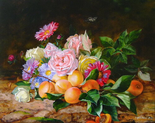 Roses, pink and lilac asters  and apricot on a branch. Moody Still life von Nataliia Shaikina, Malerei kaufen auf Singulart