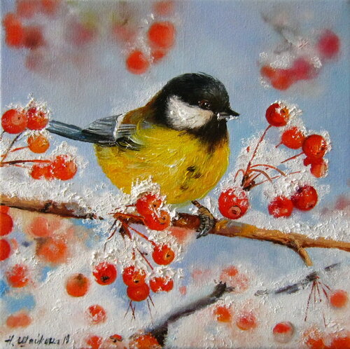 Winter Bird and Berry Branch van Nataliia Shaikina, Schilderij te koop op Singulart