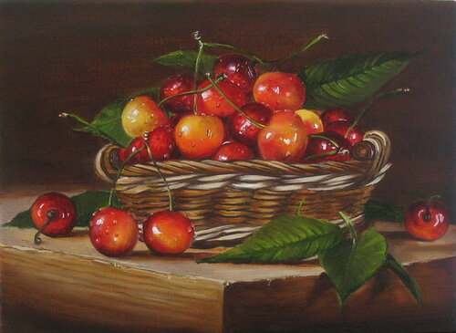 Realistic Cherry Still Life Painting on Canvas, Kitchen Wall Art Decor, Dark Background, Fruit Art by Nataliia Shaikina, Painting for Sale on Singulart