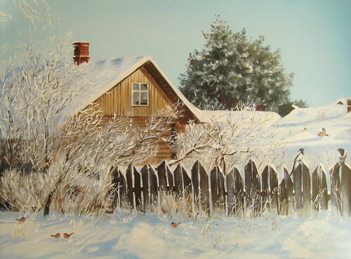 Frosty Day, Winter Landscape Artwork, Snowy Cabin Wall Art, Realistic by Nataliia Shaikina, Painting for Sale on Singulart