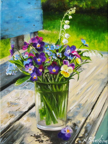 Colorful Violas Painting, Johnny Jump Up Flowers, Small Oil Art, Modern Farmhouse Wall Decor von Nataliia Shaikina, Malerei kaufen auf Singulart
