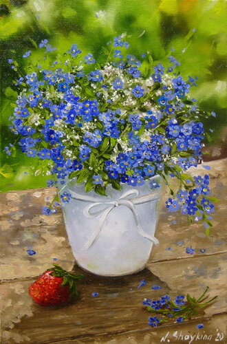 Forget-me-not Flower Oil Painting Original Still Life, Small Artwork, Bouquet of Flowers, Blue Wall Art, Floral Art Canvas von Nataliia Shaikina, Malerei kaufen auf Singulart