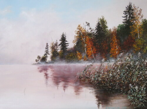 Misty Morning River Reflections, Beautiful Autumn Scenic par Nataliia Shaikina, Peinture en vente sur Singulart