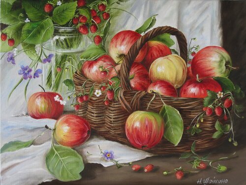 Wild strawberry bunch and apples in a rustic basket de Nataliia Shaikina, Pintura a la venta en Singulart