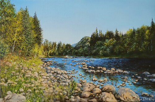Peaceful Mountain Original Landscape Oil Original Painting on Canvas, Realistic Mountain River Calm Landscape von Nataliia Shaikina, Malerei kaufen auf Singulart