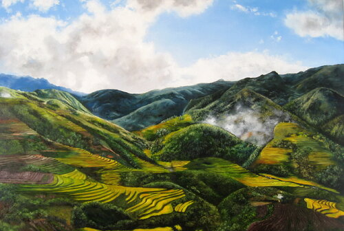 Radiant painting of a beautiful skies and mountains de Nataliia Shaikina, Pintura a la venta en Singulart