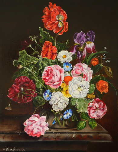 Bouquet of flowers in a glass vase. Floral Still Life di Nataliia Shaikina, Pittura in vendita su Singulart