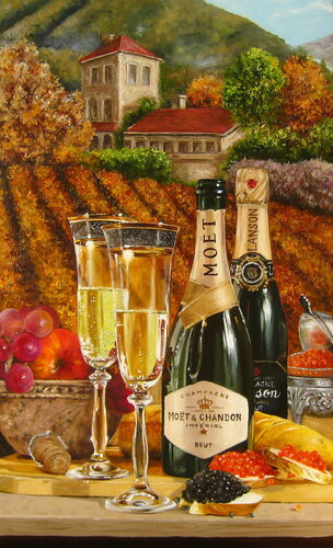 Champagne and Caviar - Original Oil Painting of Wine Bottle, Wine Art for Cellar, Foothills Vineyards Landscape, Food Still life di Nataliia Shaikina, Pittura in vendita su Singulart