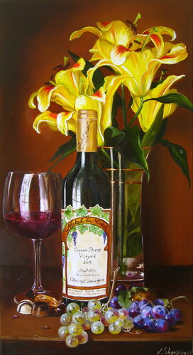 Wine and Flowers Original Painting - Realistic Still Life Art for Wine Lovers von Nataliia Shaikina, Malerei kaufen auf Singulart