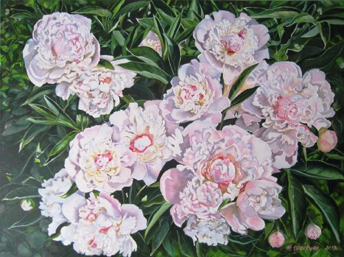 Original Flowers Oil Painting Large Peony Fine Art, Realistic White Peonies in Sun, Summer Garden Scene Floral Still Life de Nataliia Shaikina, Pintura a la venta en Singulart