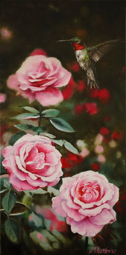 Hummingbird and a Pink Roses von Nataliia Shaikina, Malerei kaufen auf Singulart