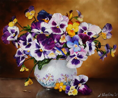 Still Life with Pansies, Pansy oil painting, Pansies Still Life Original Art Floral Wall Art Paintings Flowers Fine Art, Purple White Yellow, Modern Farmhouse Decor di Nataliia Shaikina, Pittura in vendita su Singulart
