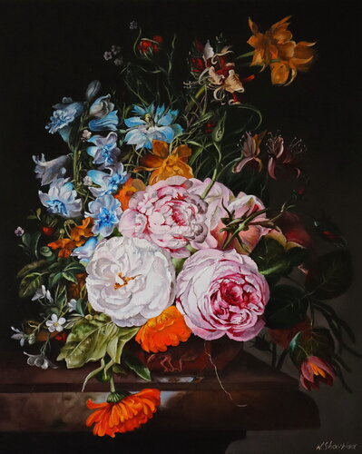 Floral bouquet the dark background. by Nataliia Shaikina, Painting for Sale on Singulart