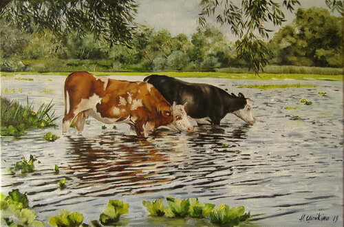 Original Cow Watering Painting Oil, Pastoral Landscape Canvas Art ,  Farm Life Art, Farmhouse Decor, Contemporary Art, Realistic Animal Painting von Nataliia Shaikina, Malerei kaufen auf Singulart