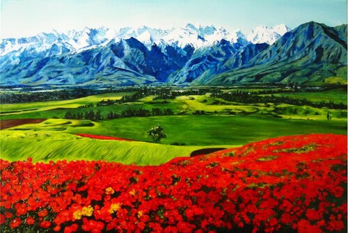 Serene Mountain Landscape Original Oil Painting, Red Poppy Field Painting on Canvas, Extra Large Art Painting de Nataliia Shaikina, Pintura a la venta en Singulart