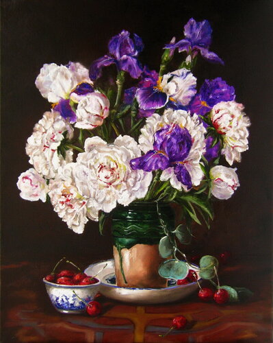 Still Life with Irises and Peonies, Flowers Still Life Floral Wall Art White and Violet, Cherries, Realistic von Nataliia Shaikina, Malerei kaufen auf Singulart