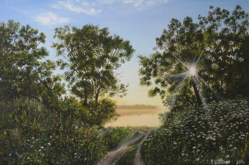 Summertime Serenity Original Oil Painting, Realistic Wall Art, Tranquil Landscape Art Canvas, Country Road Scene, Green Trees Nature Artwork von Nataliia Shaikina, Malerei kaufen auf Singulart