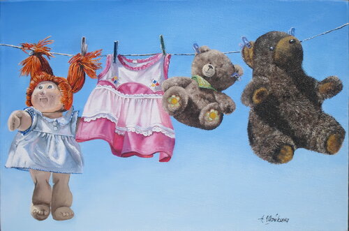 Favorite toys, Adorable Nursery Wall Art: Serene Sky with Teddy Bears and Rag Doll von Nataliia Shaikina, Malerei kaufen auf Singulart
